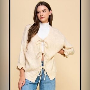 Cream Knit Sweater with Tie Front